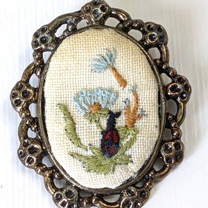 Vintage Handmade Embroidered Lady Bug Brooch Victorian Style Gold Tone
